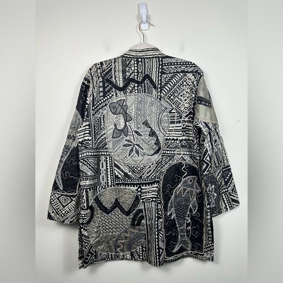 Chicos Vintage Silk Blend Size Large Embroidered Fish Tunic Blouse Jacket EUC - Picture 2 of 7